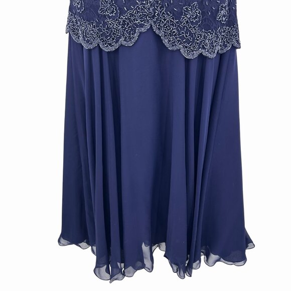 STUNNING NAVY BLUE BEADED LACE & CHIFFON TEA LENGTH FORMAL SHORT SLV DRESS - Picture 5 of 7